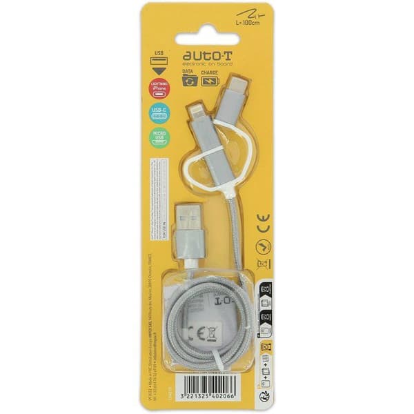 3-in-1-kaapeli - AUTO T - 540206 - Micro USB - Apple - USB-C