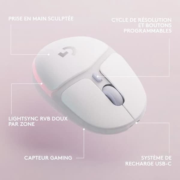 Logitech G - Spelmus - Trådlös - G705 LIGHTSYNC RGB-belysning, Bluetooth, lätt - Vit dimma