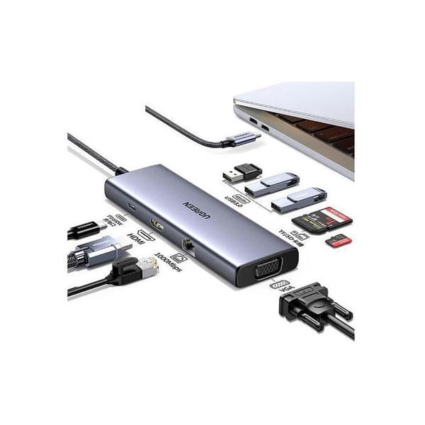 9-i-1 USB-C hub - UGREEN - HDMI, VGA, RJ45, SD, TF, USB-C - Sort
