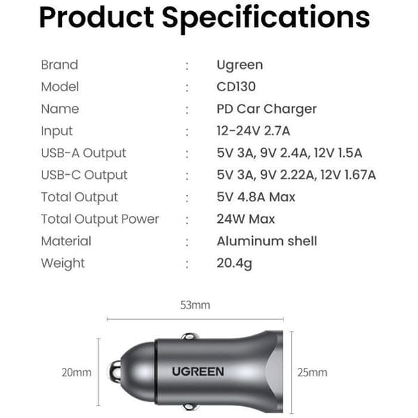 Autolaturi - UGREEN - 1 USB-C + 1 USB-A - 30W - Harmaa