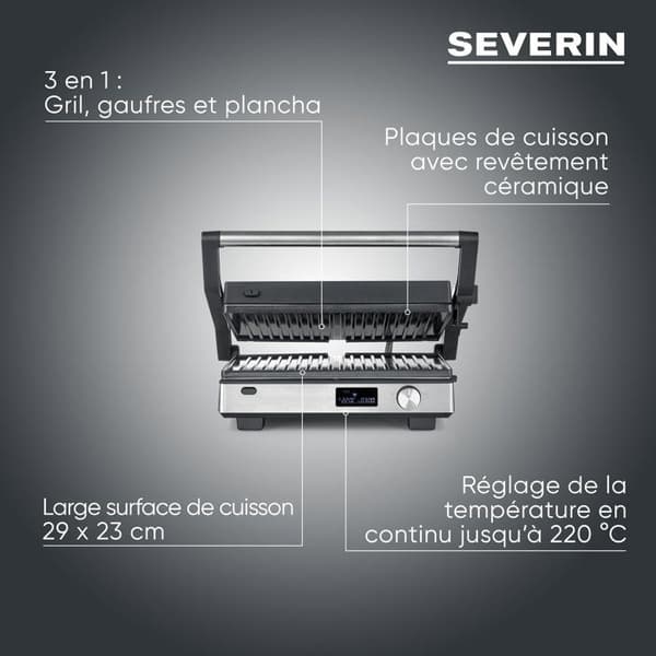 3-i-1 multifunktionel grill - SEVERIN - 2380 kg - 2000 W - 3 sæt plader - LED-display - Sort/rustfrit stål