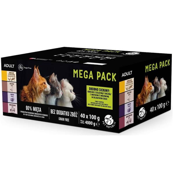 PETREPUBLIC Mega Pack Kylling med kalvekød, and, kalkun, oksekød - vådfoder til katte - 40x100g