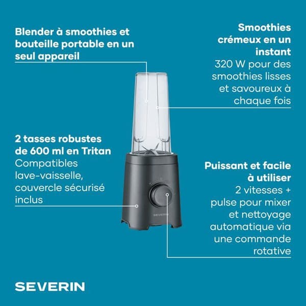 Tehosekoitin - SEVERIN - SM3753 Mix & Go - 320 W - 2 pulloa à 600 ml - 2 nopeutta - 4 terävää terää - Musta