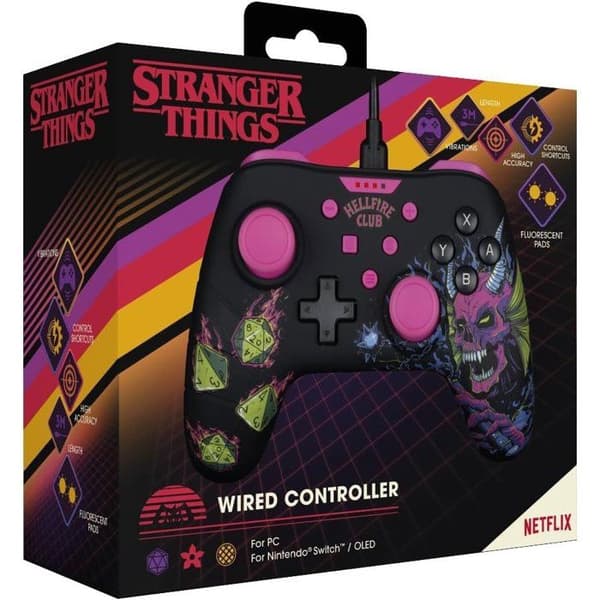 Gamepad - Nintendo Switch, Switch 2 og PC - Stranger Things - Kablet - Sort og pink - Vibrationsfunktion - 3 meter kabel - Konix