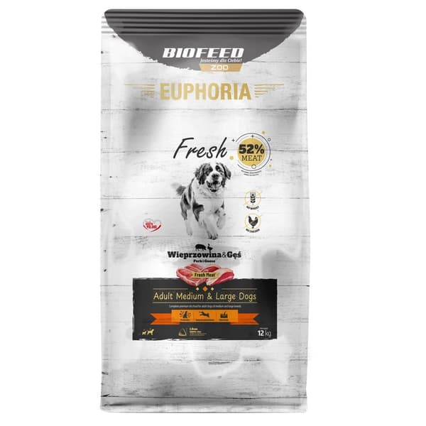 BIOFEED Euphoria Fresh Adult Medium & Large Fläsk med gås - torrfoder för hundar - 12 kg