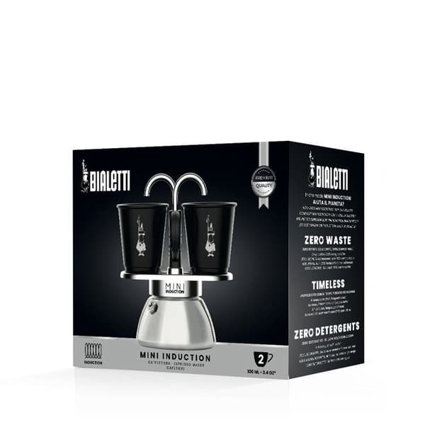 Italiensk kaffemaskinesæt + 2 kopper - BIALETTI - Mini induktion - 100 ml - Rustfrit stål / Sort