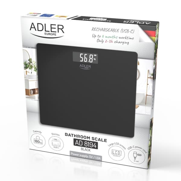 Badevægt ADLER AD 8194b genopladelig USB-C Sort