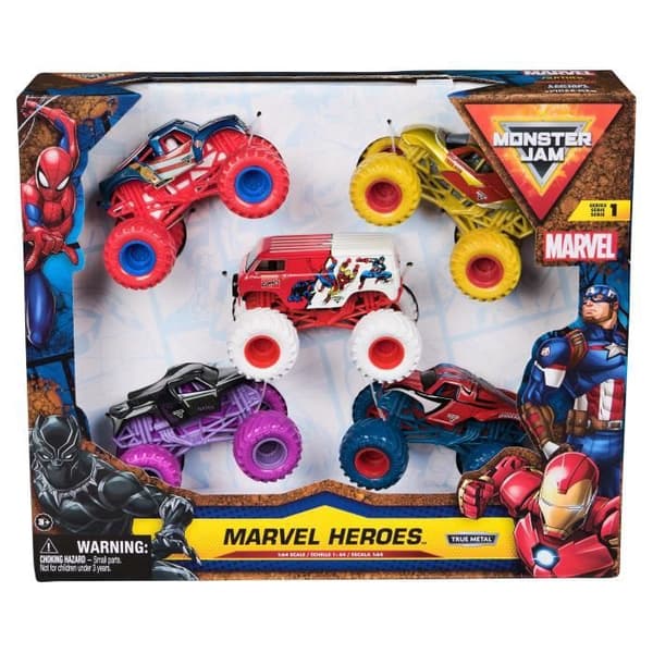 SPIN MASTER-PAKKE MED 5 MARVEL-SKULPULVEREDE KØRETØJER 1:64 Monster Jam