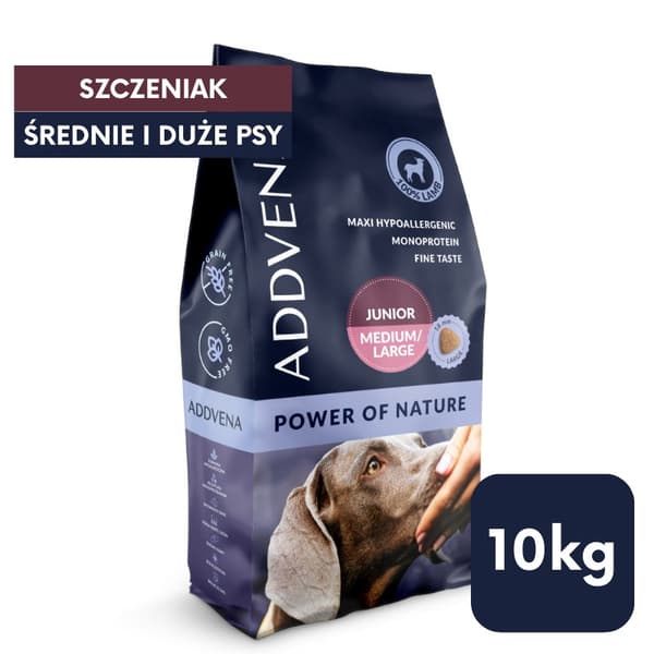 ADDVENA Power of Nature Junior Medium/Stor Lamm - torrfoder för hundar - 10 kg