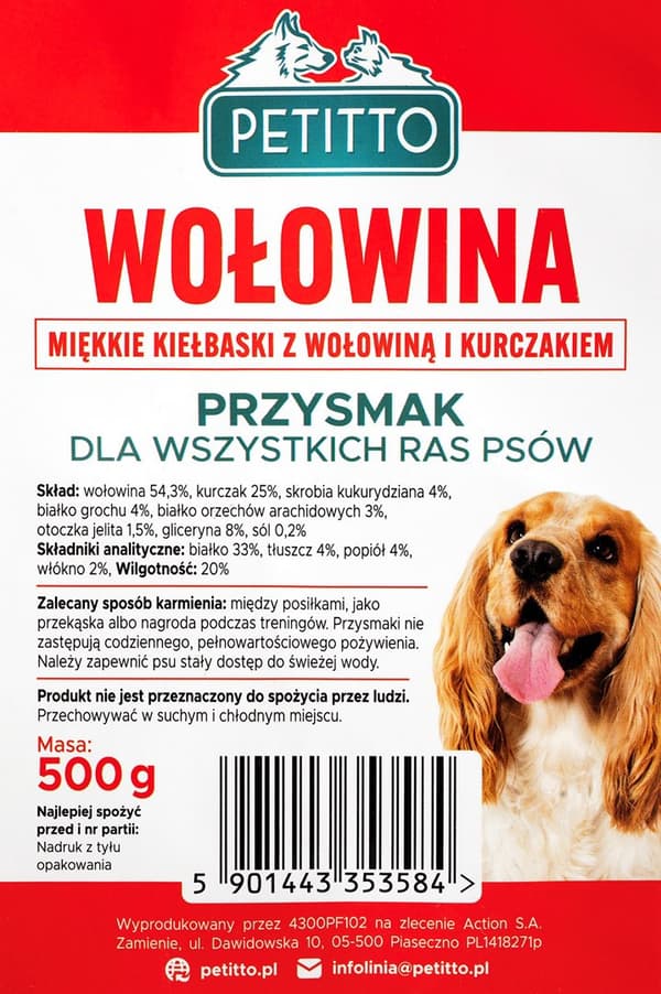 PETITTO Bløde oksekødspølser - hundegodbidder - 500g