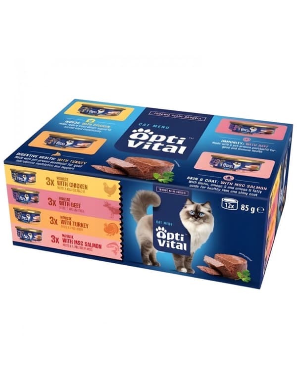 OPTIVITAL Mousse Oksekød, kylling, kalkun, laks - vådfoder til katte - 12x85g