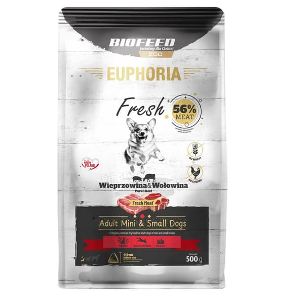 BIOFEED Euphoria Fresh Adult svine- og oksekødsfoder XS/S - tørfoder til hunde - 500 g