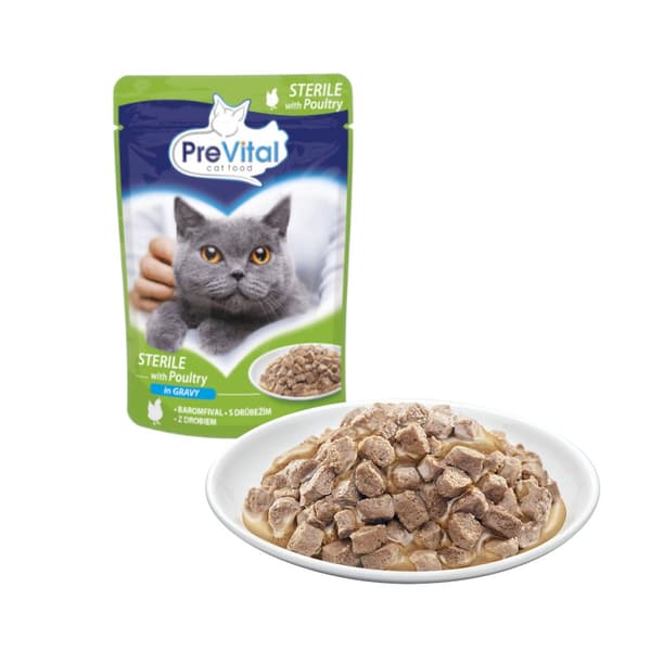 PREVITAL Kattmat Sterilt Fjäderfä i Sås - Våtfoder för Katt - Påse 100 g