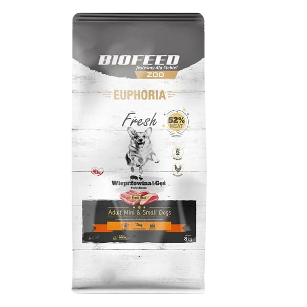 BIOFEED Euphoria Fresh Adult Mini & Small Fläsk med gås - torrfoder för hundar - 8 kg