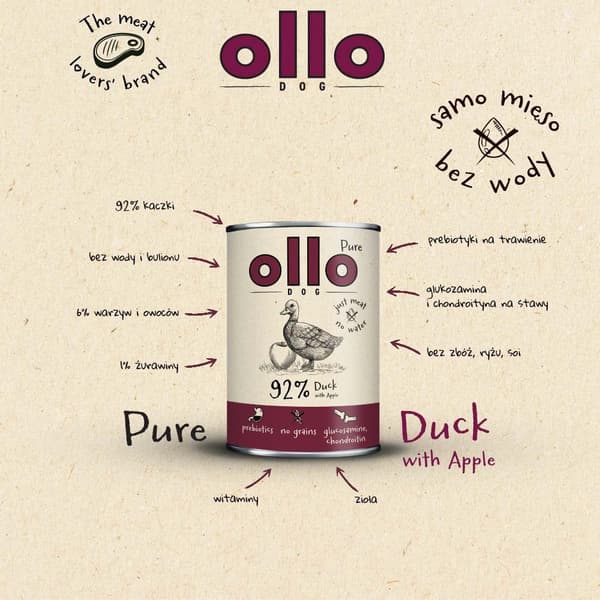 OLLO Pure Duck med äpple - våtfoder för hundar - 400 g