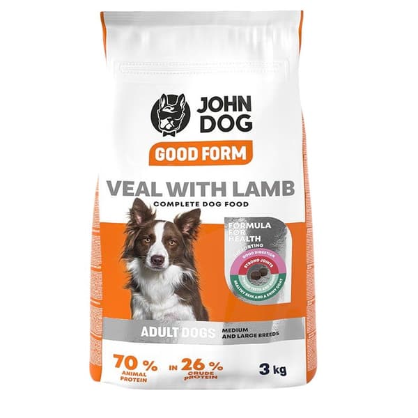 JOHN DOG Good Form Medium og store racer kalvekød med lam - tørfoder til hunde - 3 kg