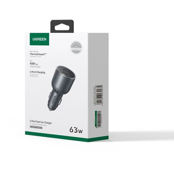 Autolaturi - UGREEN - 1 USB-C + 1 USB-A - 63W - Harmaa