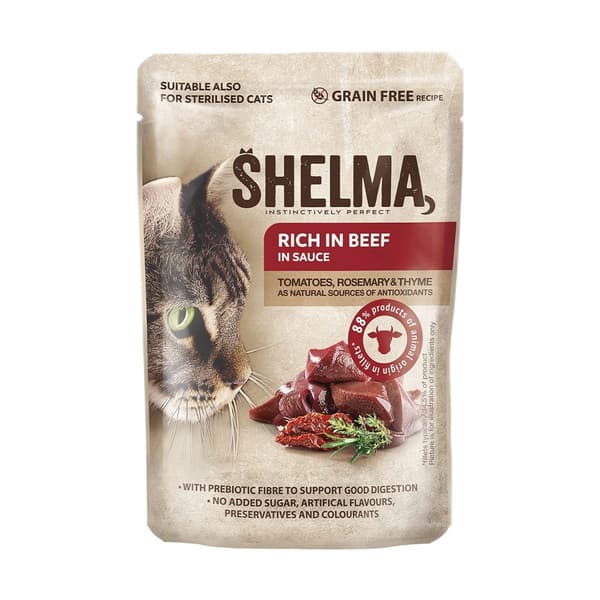 SHELMA Rig på laks, torsk, oksekød og kylling - vådfoder til katte - 4x85g