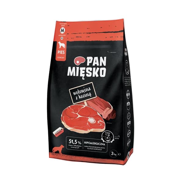 PAN MIĘSKO Oksekød med ged M - tørfoder til hunde - 3 kg