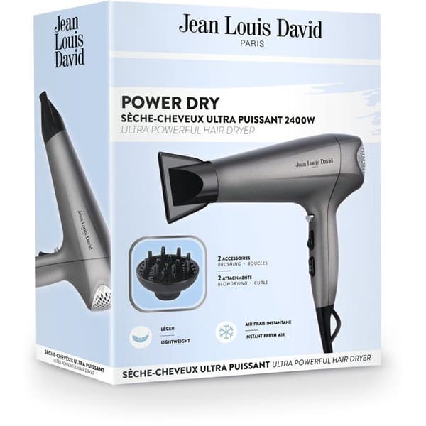 Hårtørrer - JEAN LOUIS DAVID - Power Dry - Diffuser - 3 temperaturindstillinger - 2400 W - Grå