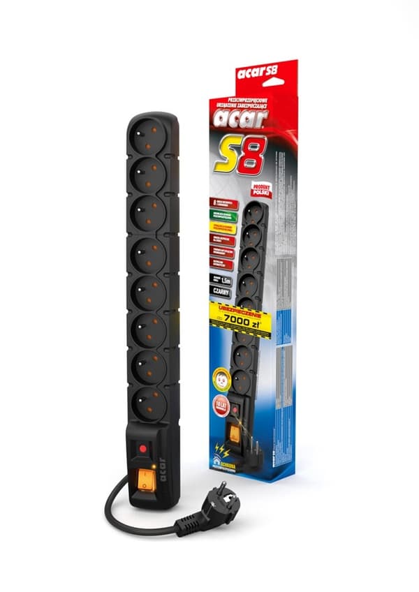 ACAR S8 Musta 8 AC-pistorasiaa 230 V 5 m