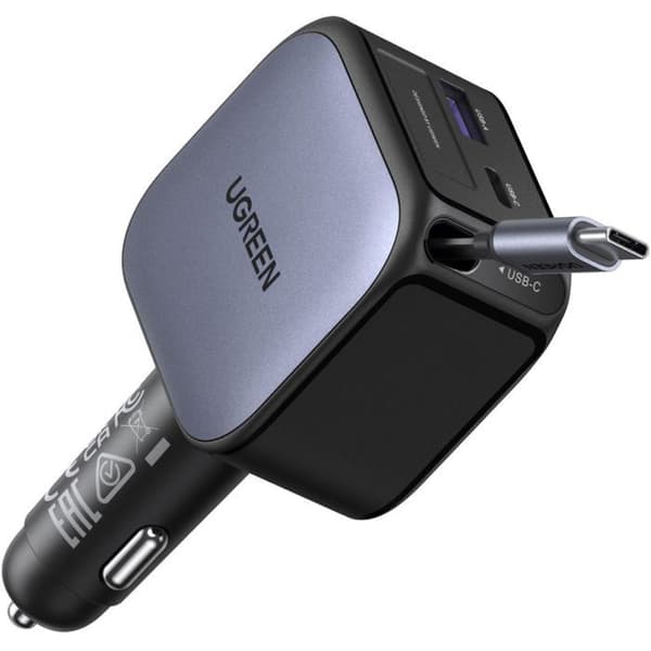 Billaddare - UGREEN - 90W - USB-A och USB-C - Utdragbar - Svart