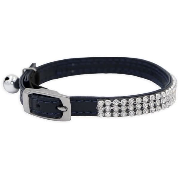 AIME Katthalsband - Justerbart 18-28 cm - Nylon med Silverklocka - Svarta Strassstenar
