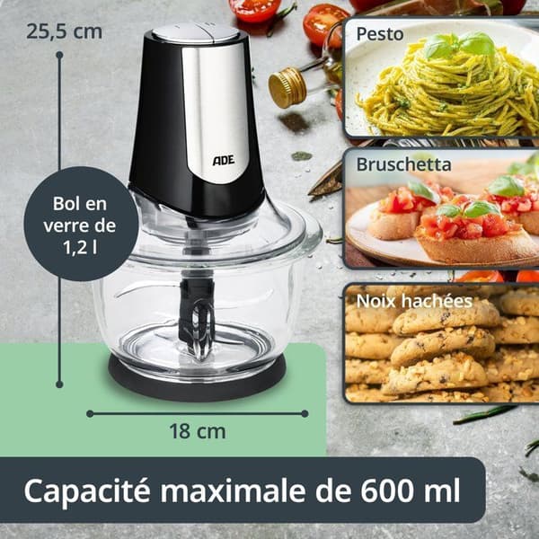 Elektrisk multihakker - ADE - KØKKENGADGETS - 2 hastigheder - 1,2 l - Sort / rustfrit stål