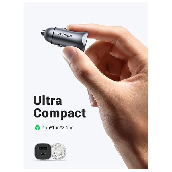 Autolaturi - UGREEN - 1 USB-C + 1 USB-A - 63W - Harmaa