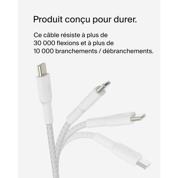 Flettet kabel - BELKIN - USB-C til USB-C - 2 m - Hvid