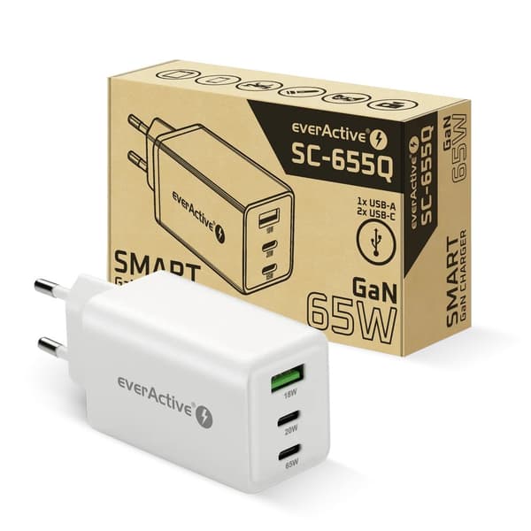 Oplader GaN 1 x USB, 2 x USB-C Quick Charge 4+ 65W hvid