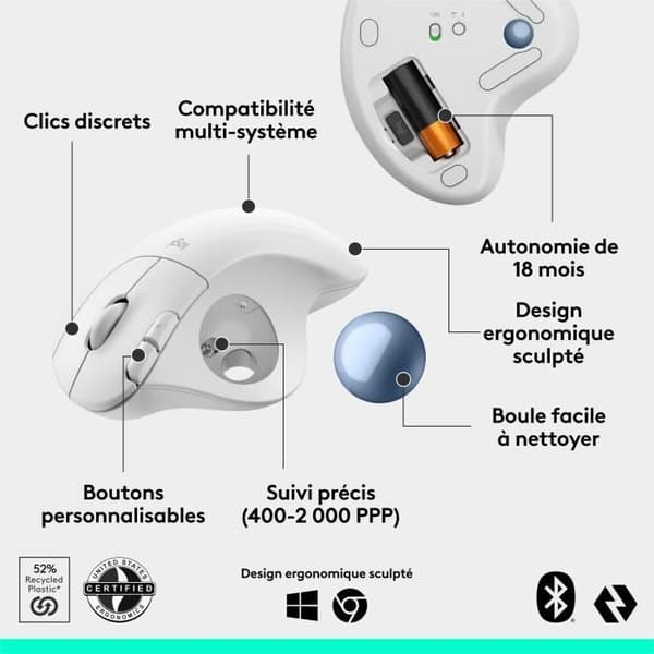 Mus - Trådlös - Logitech - Ergo M575S - Vit
