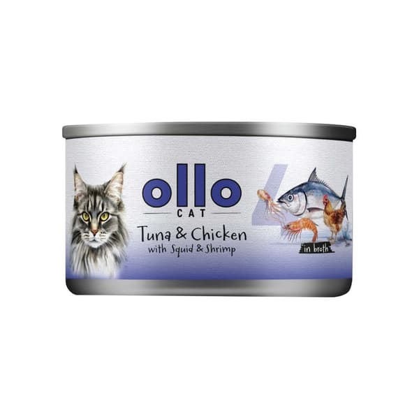 OLLO Kat nr. 4 Tun & Kylling med blæksprutte & rejer i bouillon - vådfoder til katte - 70 g