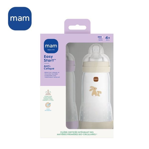 Set med 2 nappflaskor - MAM - Easy Start - Antikolik - 320 ml - Flow 3-napp - Lila + Sand
