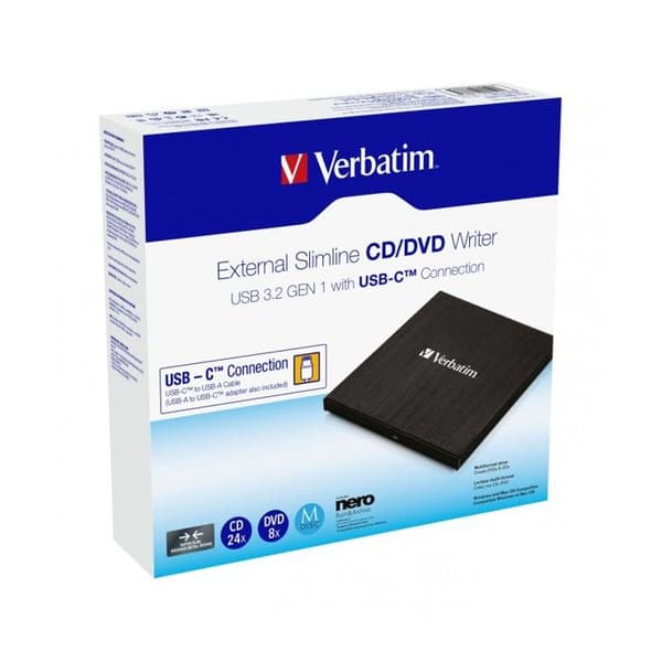 DVD-brænder - Verbatim - Slimline - USB-C - Kompatibel med CD/DVD - Sort