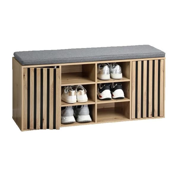 Skoopbevaring i træ med egetræsdæk - Grå pude - 103 x 30.5 x 48 cm