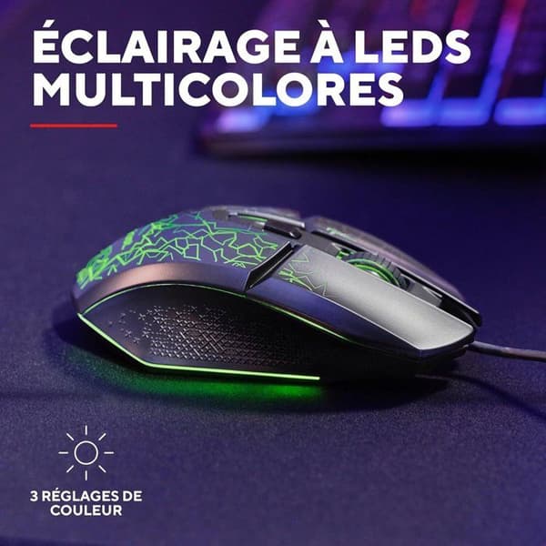 Trådad gamingmus - TRUST - 6 programmerbara knappar - Multicolor LED-belysning - Känslighet 200-6400 DPI