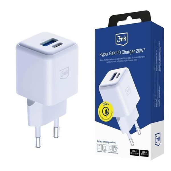 3mk Hyper GaN 20 W QC4+ PD PPS USB-C USB-A Hvid
