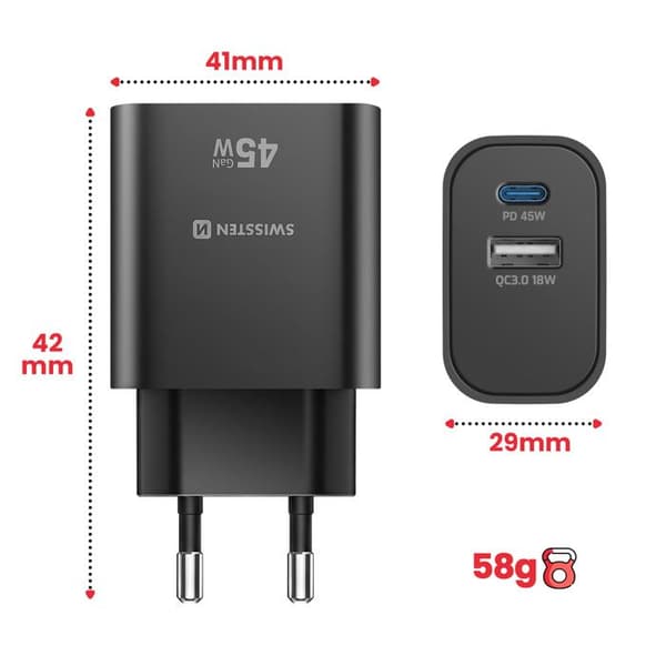 USB-C oplader 45W Power Delivery og USB-A Quick Charge 3.0 18W Swissten Sort
