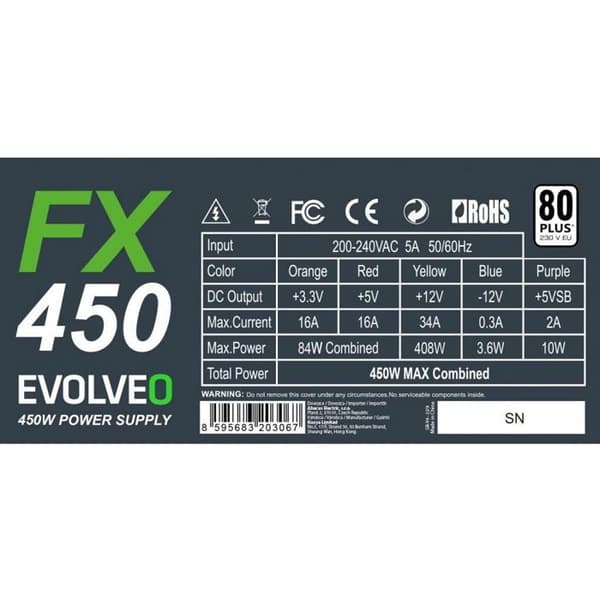 Strømforsyning til computer - EVOLVEO - FX 450 - 450W - 80 PLUS - Ventilator 140 mm