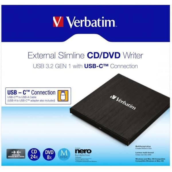 DVD-brænder - Verbatim - Slimline - USB-C - Kompatibel med CD/DVD - Sort