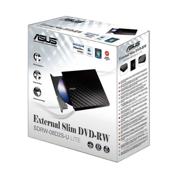 Asus SDRW-08D2S-U Slank sort ekstern DVD-brænder - USB 2.0 - Diskkryptering og træk-og-brænd