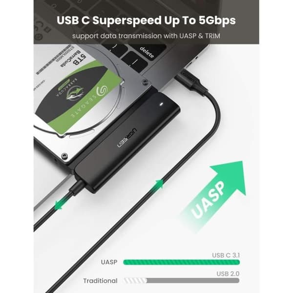 USB C til SATA-adapter - UGREEN - HDD SSD 2,5 Tommer - 5Gbps - Understøtter UASP - Sort