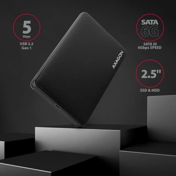 Ekstern Harddisk - AXAGON - EE25-SLC - USB 3.0/SATA III - USB-C - 2,5 tommer - Sort