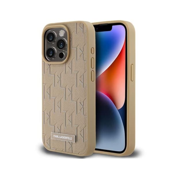 Coque - KARL LAGERFELD - iPhone 14 Pro Max - Monogrammønster - Metallisk Logo - Beige