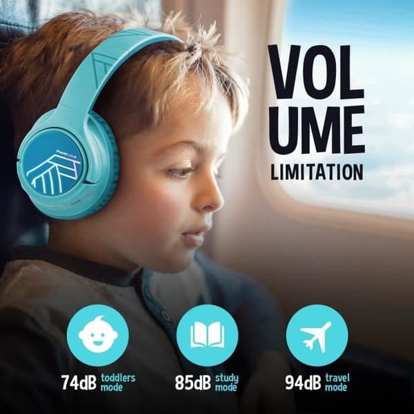 Børneheadset - PowerLocus - Bluetooth - Begrænset volumen 74-85-94dB - 45 timer - Farverige LED-lys