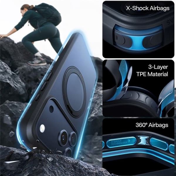 Cover til iPhone 17 Pro Max - TPU+PC, Sort, Med Støtte Sort