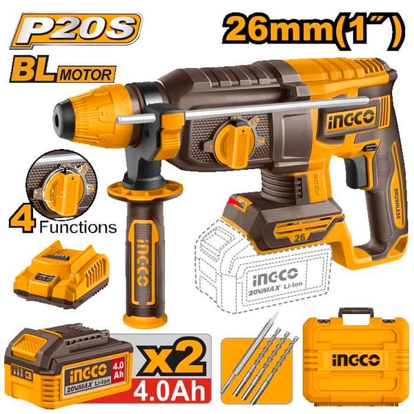 Borehammer - INGCO - 20V - SDS Plus - 28mm - 6 tilbehør - 4,5 J
