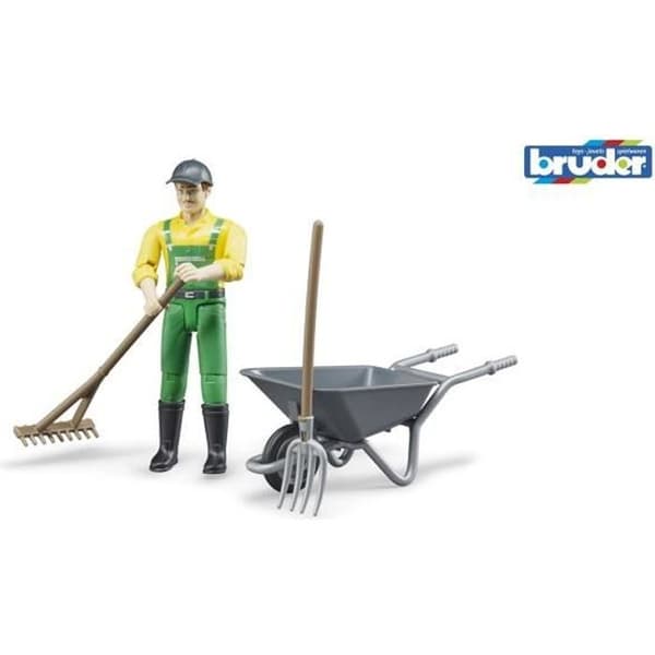 Figurine landmand med skubbehjul og tilbehør