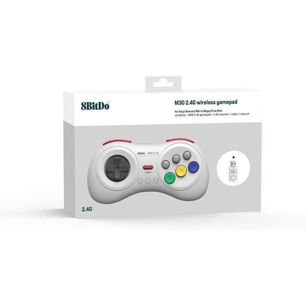 8bitdo Trådløs controller med 8 knapper, hvid farve, kompatibel med Switch, Sega Genesis mini & Mega Drive mini